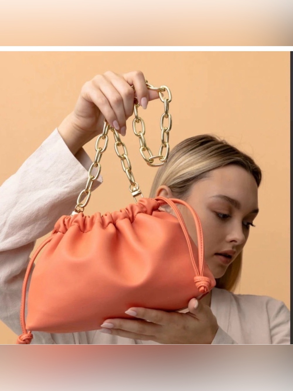 Women’s Coral Chain-Handle Drawstring Bag